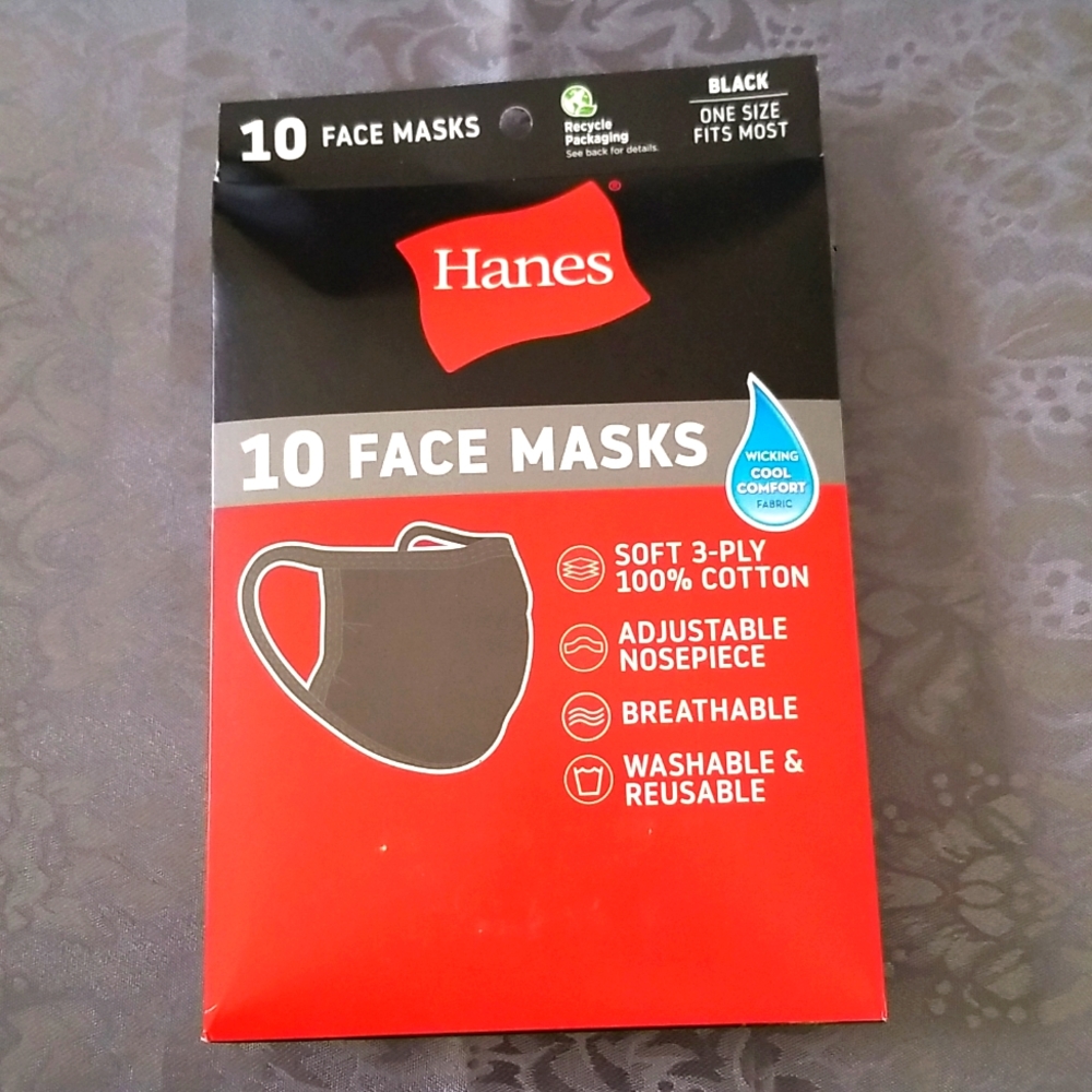 Hanes Face Masks 10 Pack 100% Cotton  Adjustable, Breathable and Washable